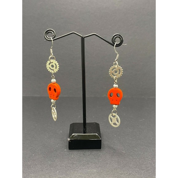 Orange Skull & Gear Earrings by Neanie-Bot Handmade Jewelry Creations - Picture 2 of 4